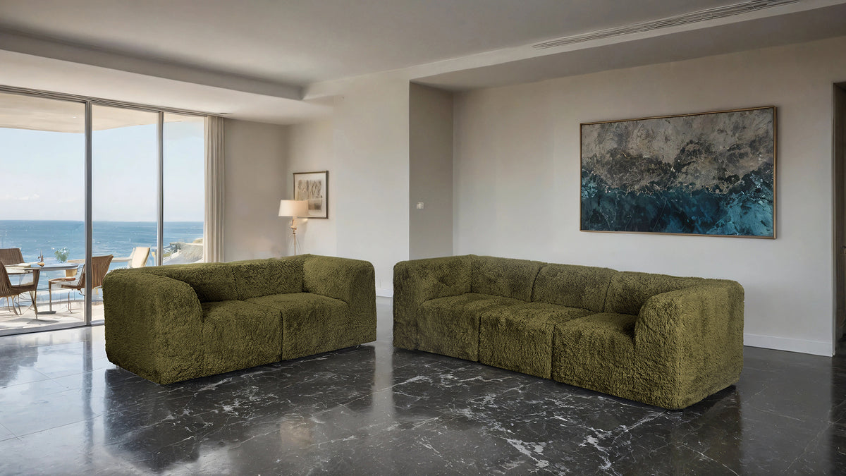 Bellamy Modular Sofa & Loveseat – Olive Green Faux Fur, 5-Piece