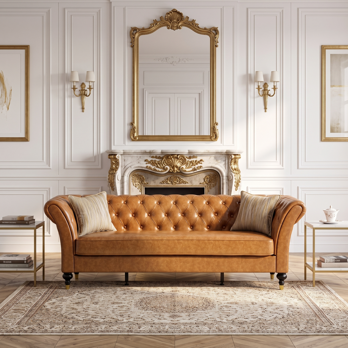 Barrington Chesterfield faux leather sofa in light brown