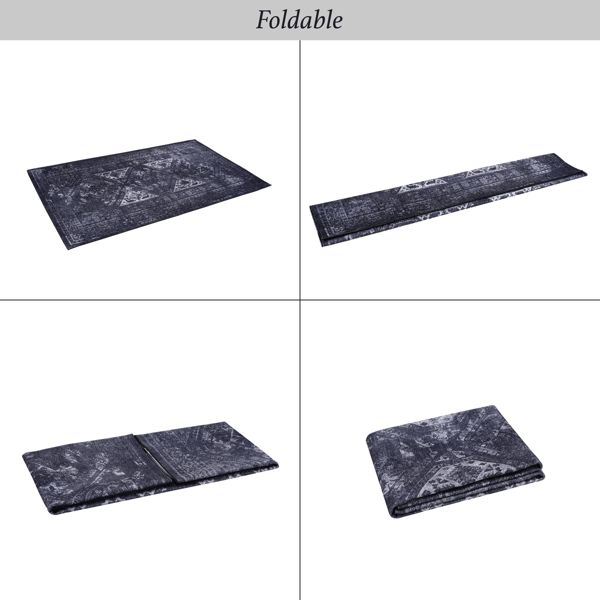 Black and gray foldable rectangular area rug in various positions, showcasing versatility and convenience.
