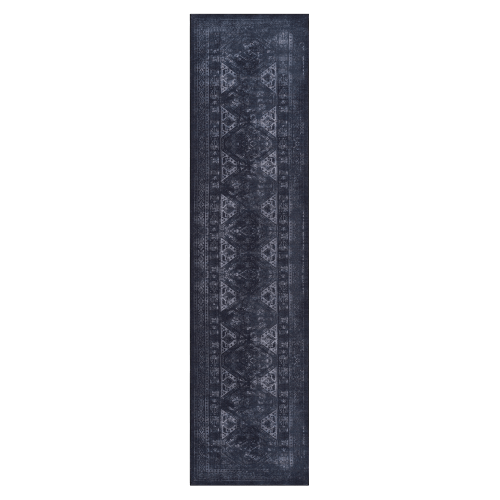 Black and gray rectangular area rug, featuring geometric patterns, perfect for modern interiors and high-traffic areas.