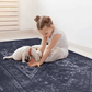 Child playing with puppy on a black and gray washable area rug in cozy living space.