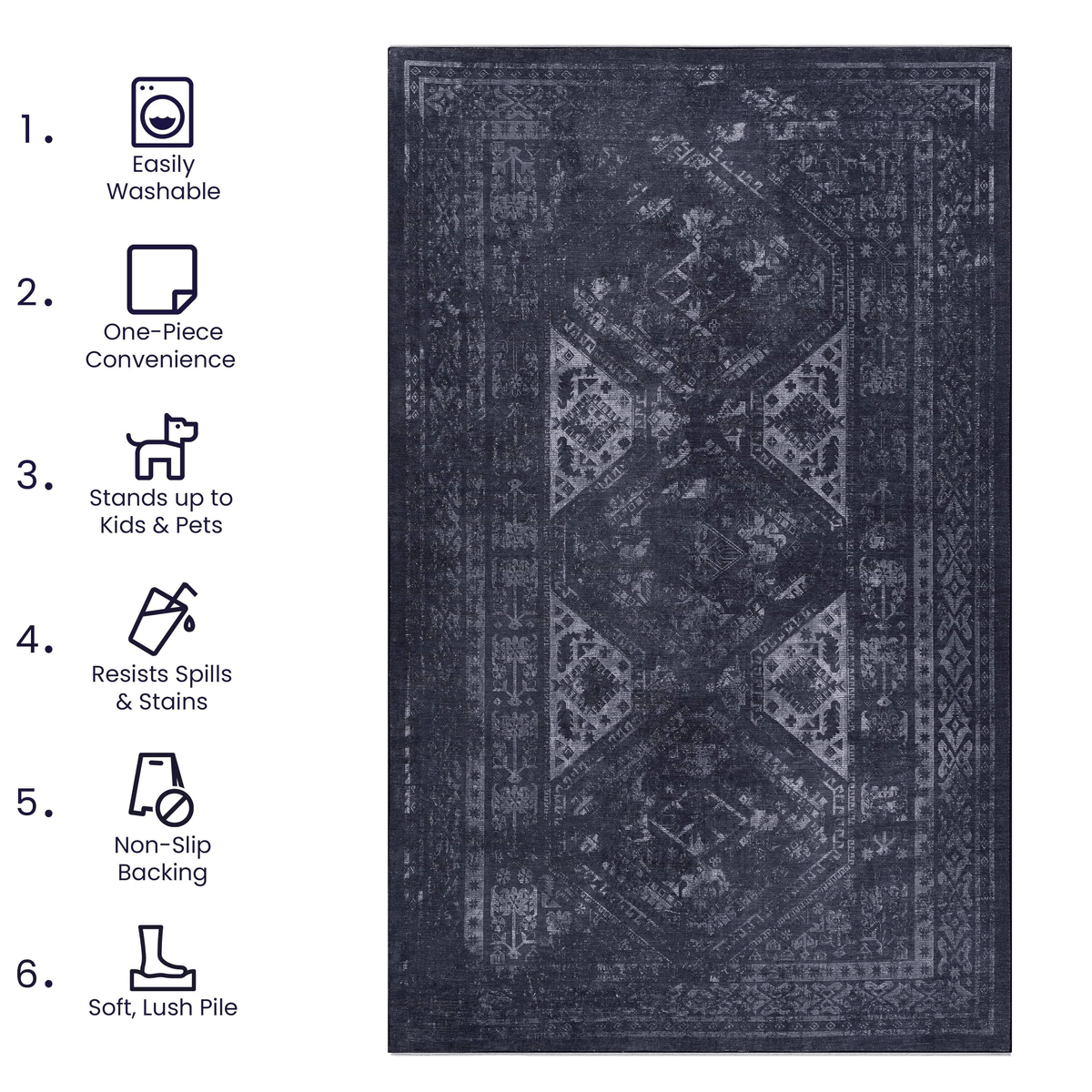 Black and gray washable rectangular area rug with features like non-slip backing and stain resistance