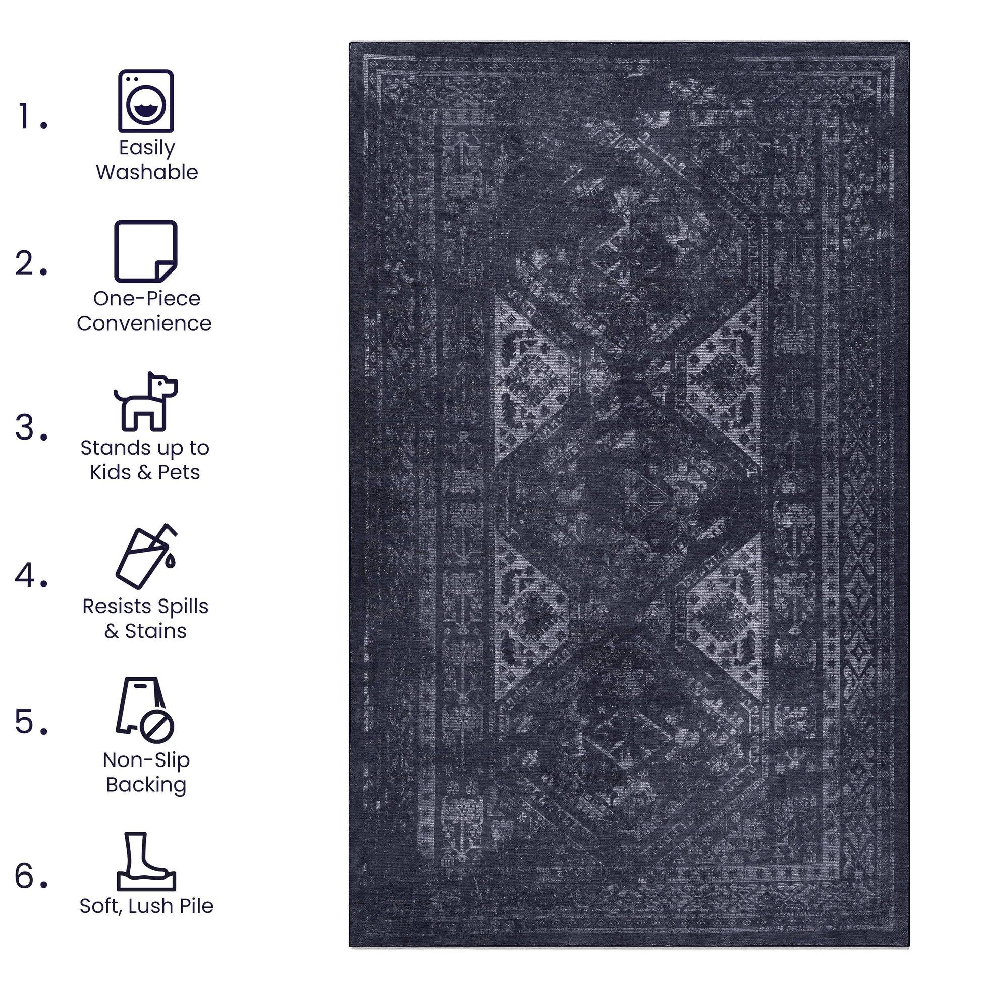 Black and gray washable rectangular area rug with features like non-slip backing and stain resistance