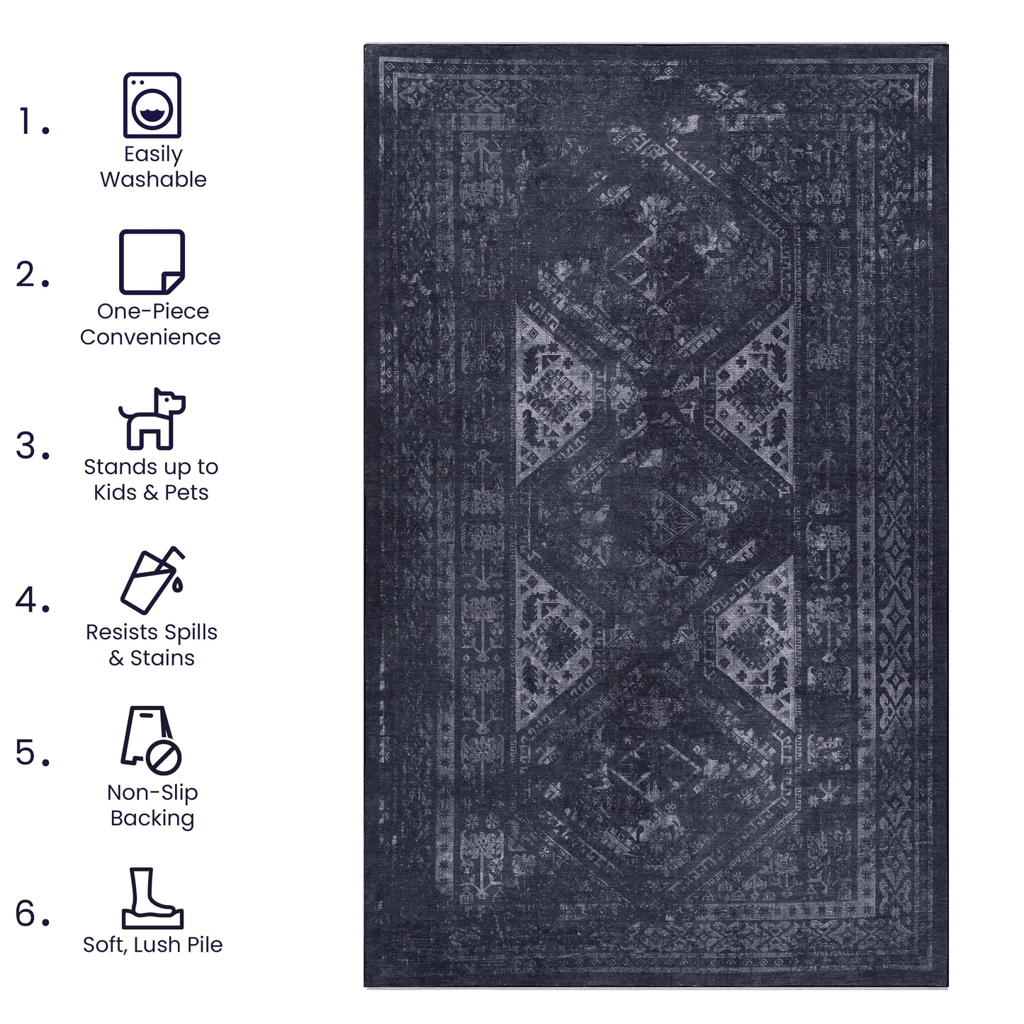Black and gray washable rectangular area rug with features like non-slip backing and stain resistance