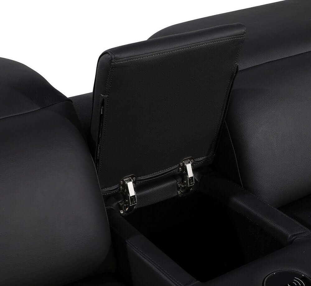 Black Italian Leather Power Reclining U Shaped Twelve Piece Corner Sectional With Console with hidden storage compartment.