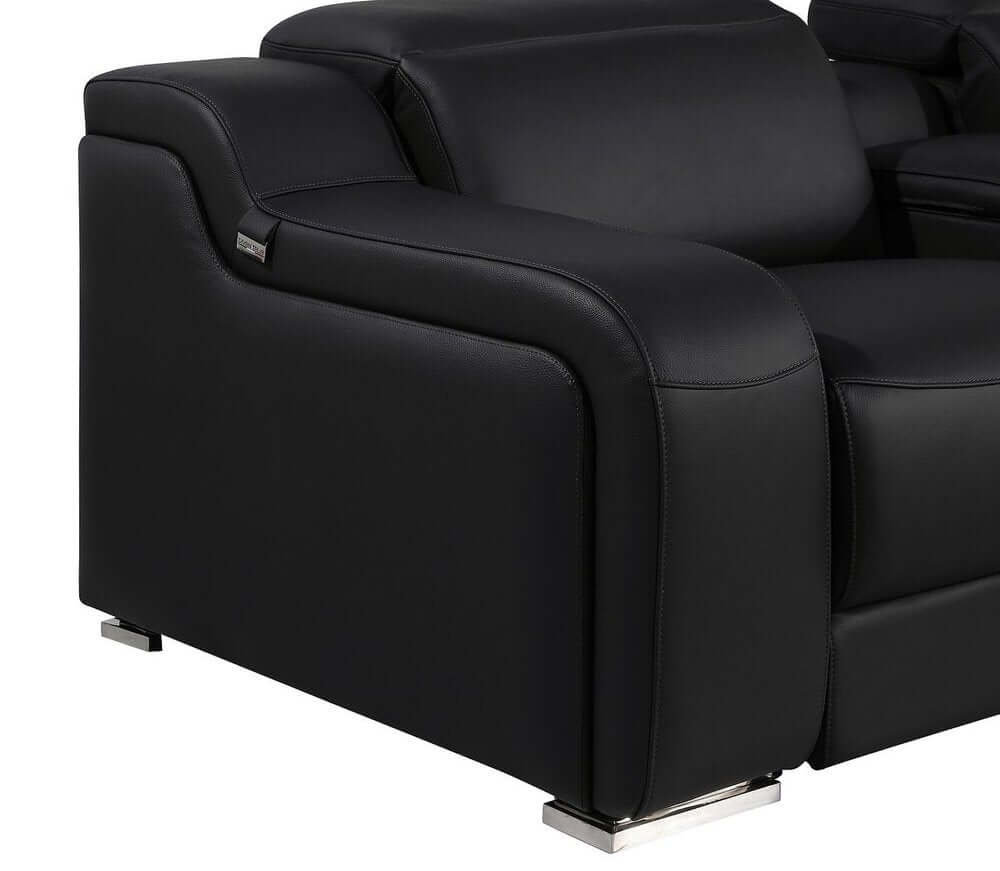 Black Italian Leather Power Reclining U Shaped Ten Piece Corner Sectional With Console armrest and modern design detail.