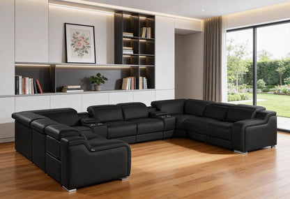 Black Italian Leather Power Reclining U Shaped Ten Piece Corner Sectional With Console in modern living room setting.