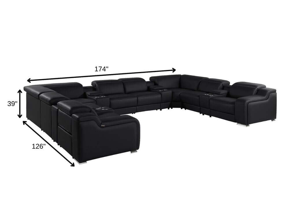 Black Italian Leather Power Reclining U Shaped Twelve Piece Corner Sectional With Console dimensions 174" x 126" x 39".