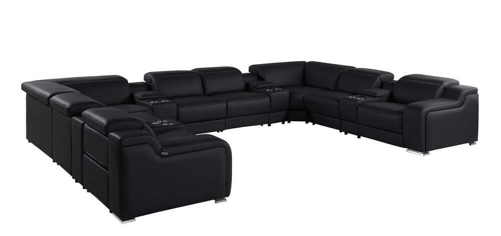 Black Italian Leather Power Reclining U Shaped Twelve Piece Corner Sectional With Console showcasing luxurious comfort and elegant design.