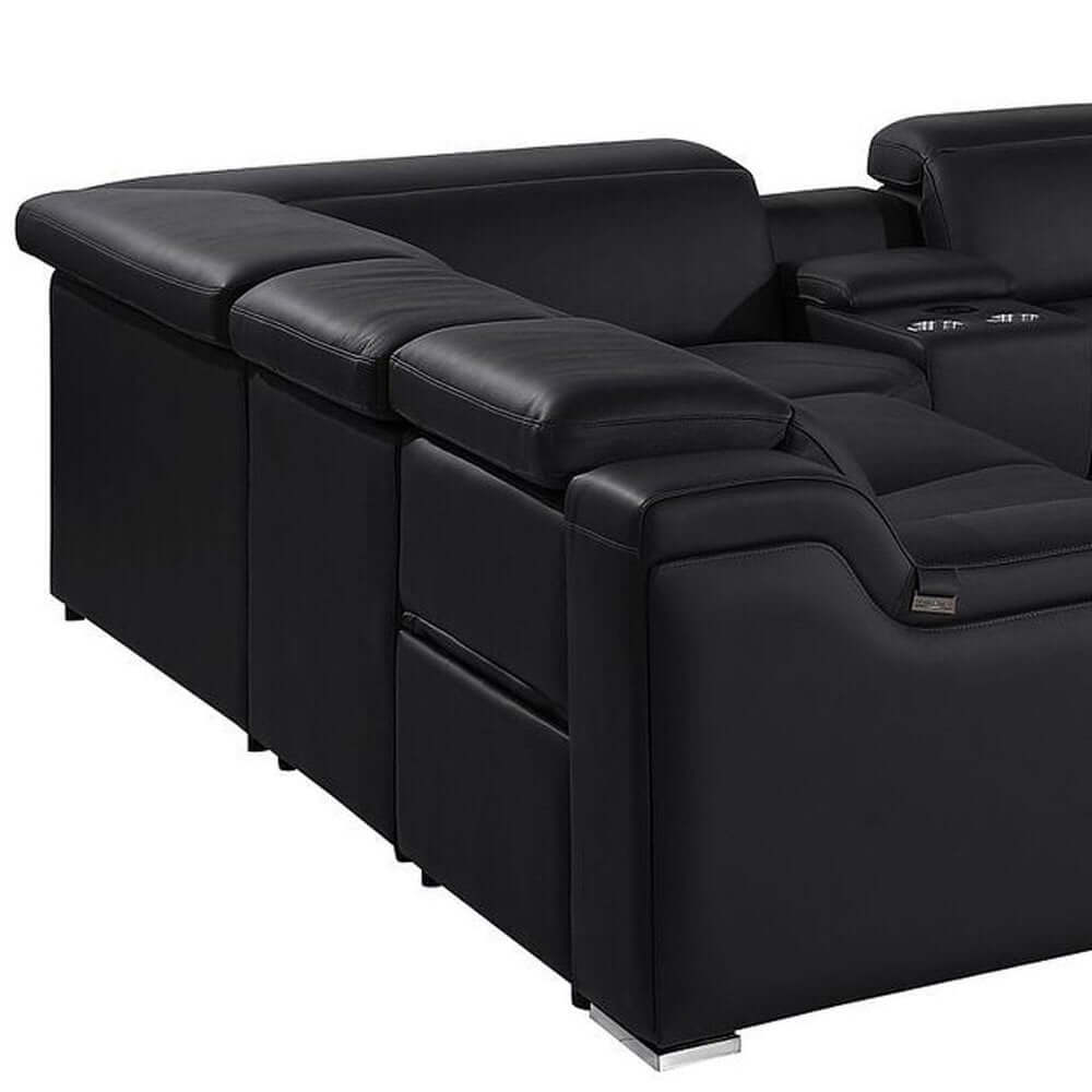 Black Italian Leather Power Reclining U Shaped Ten Piece Corner Sectional With Console side view showing premium leather cushioning.