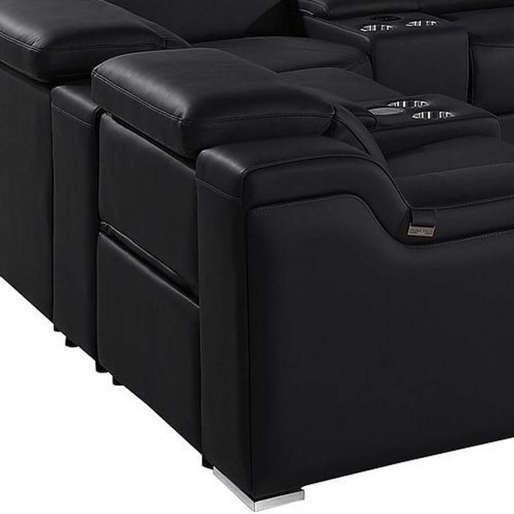Black Italian Leather Power Reclining U Shaped Twelve Piece Corner Sectional With Console side view details