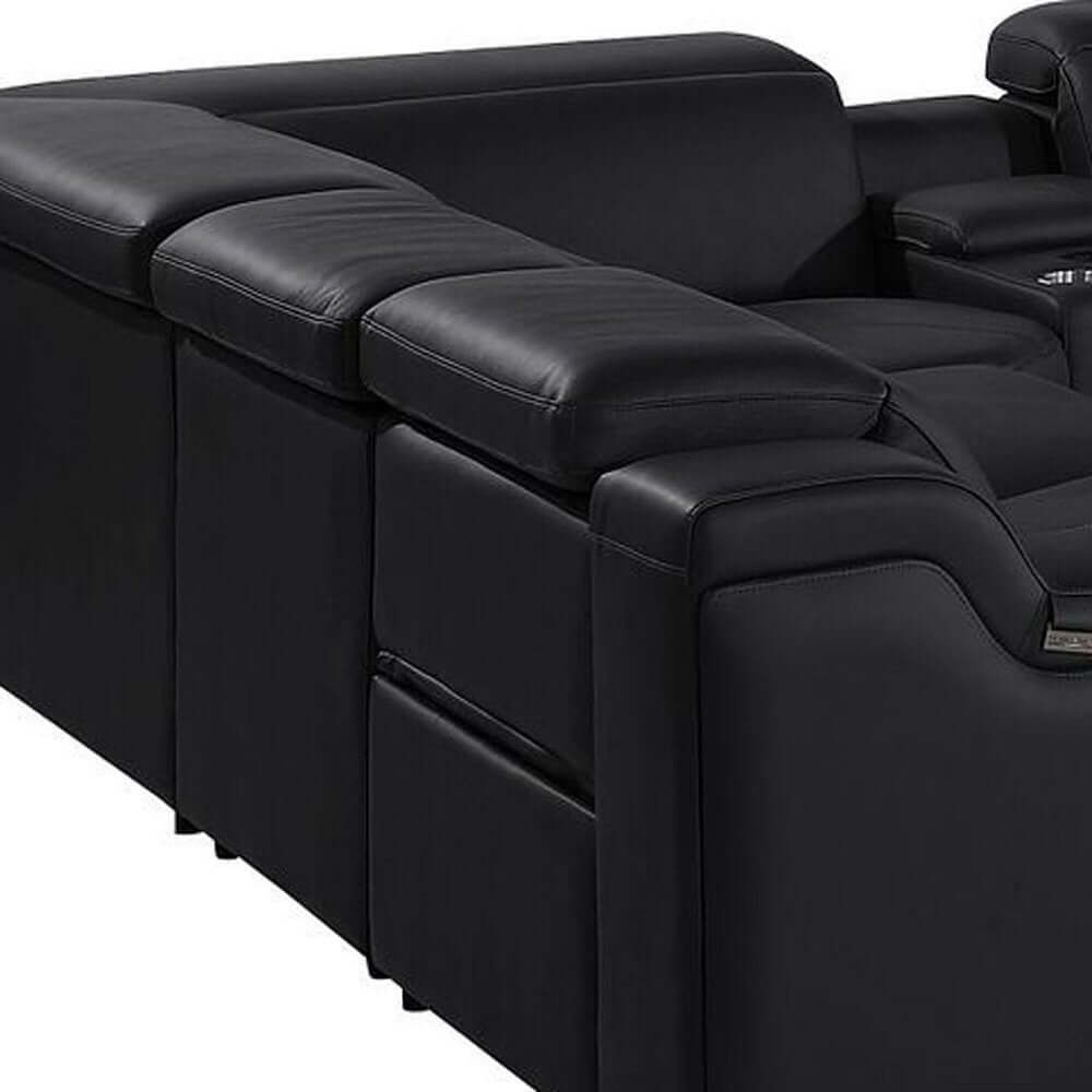 Black Italian Leather Power Reclining U Shaped Ten Piece Corner Sectional With Console back view showing high-quality leather.