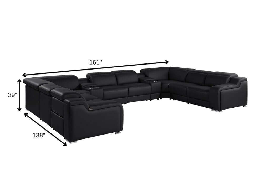 Black Italian Leather Power Reclining U Shaped Ten Piece Corner Sectional With Console dimensions and design.
