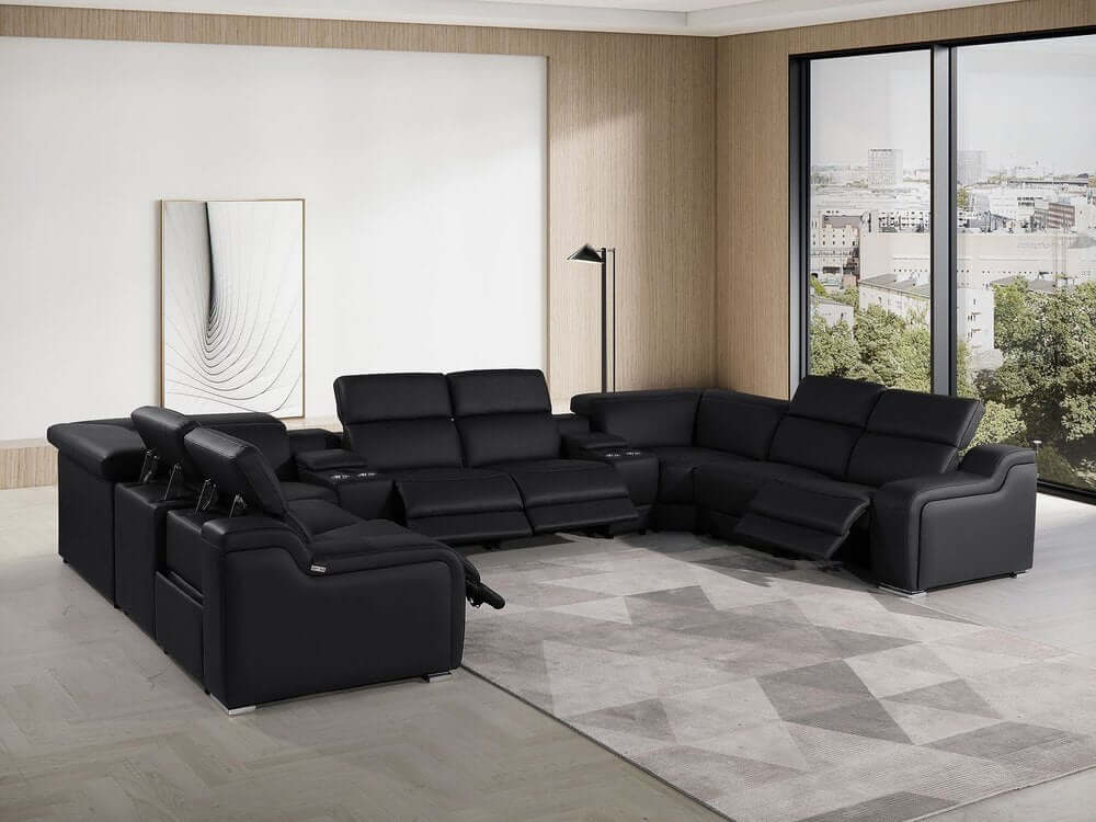 Black Italian Leather Power Reclining U Shaped Ten Piece Corner Sectional With Console in modern living room setup.