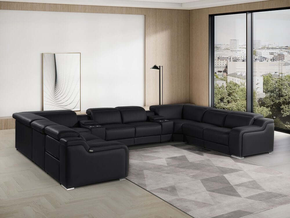 Black Italian Leather Power Reclining U Shaped Ten Piece Corner Sectional With Console in modern living room setting.