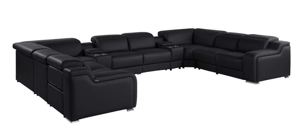 Black Italian Leather Power Reclining U Shaped Ten Piece Corner Sectional With Console in black leather upholstery.