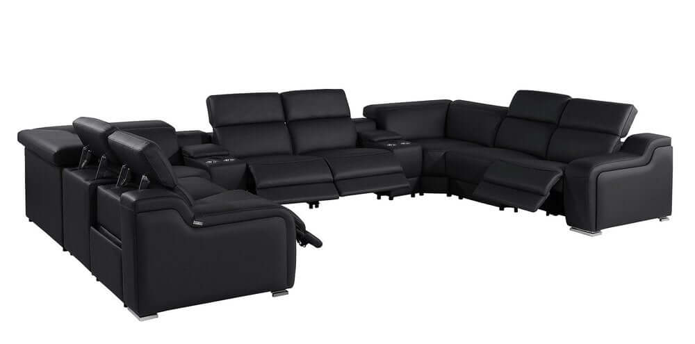 Black Italian Leather Power Reclining U Shaped Ten Piece Corner Sectional With Console in sleek black leather.