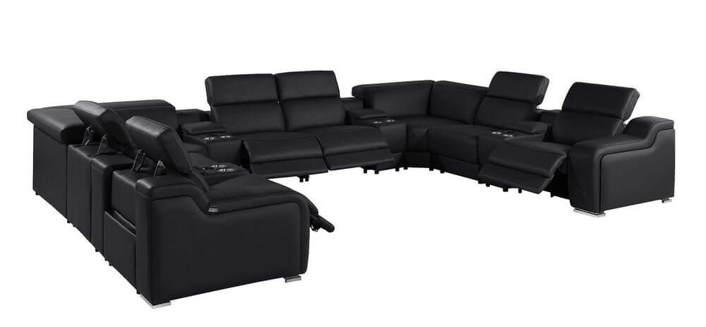 Black Italian Leather Power Reclining U Shaped Twelve Piece Corner Sectional With Console in modern interior.