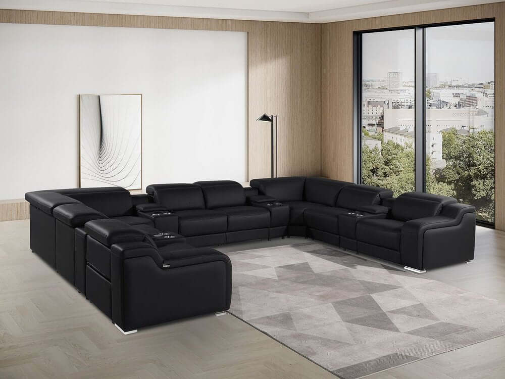 Black Italian Leather Power Reclining U Shaped Twelve Piece Corner Sectional With Console in modern living room