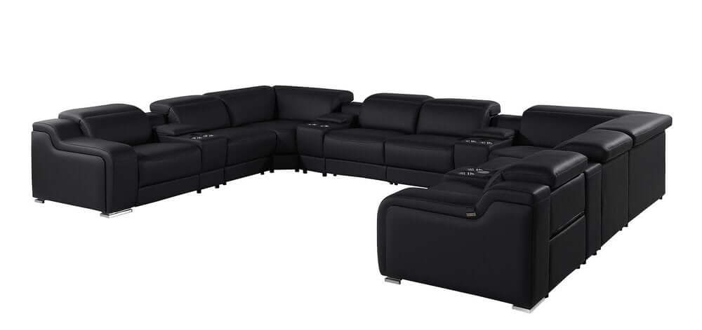 Black Italian Leather Power Reclining U Shaped Twelve Piece Corner Sectional With Console.