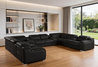 Black Italian Leather Power Reclining U Shaped Twelve Piece Corner Sectional With Console in modern living room setting.