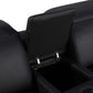Black Italian Leather Power Reclining U Shaped Ten Piece Corner Sectional With Console showcasing storage console.