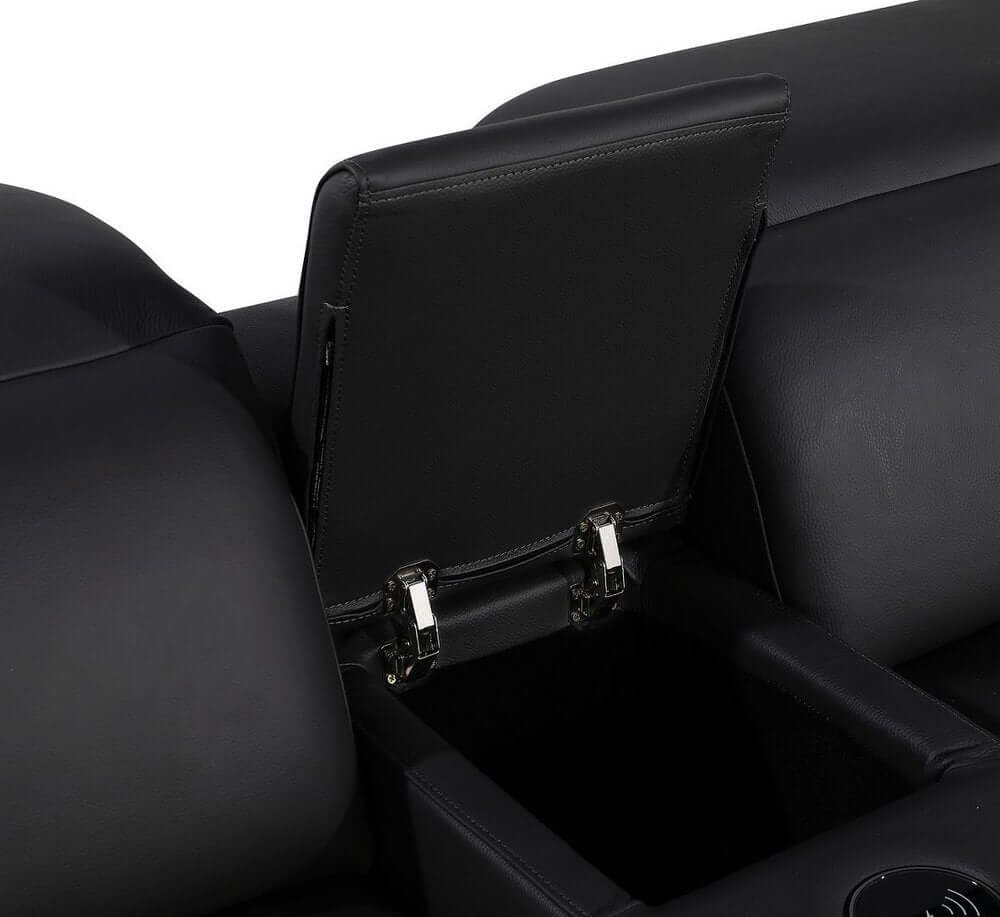 Black Italian Leather Power Reclining U Shaped Ten Piece Corner Sectional With Console showcasing storage console.