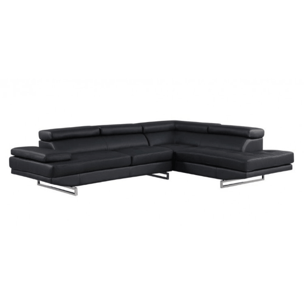 Leather L-Shaped Corner Sectional Sofa 124" | Modern 2-Piece Sectional Couch in black leather design with sleek chrome legs.