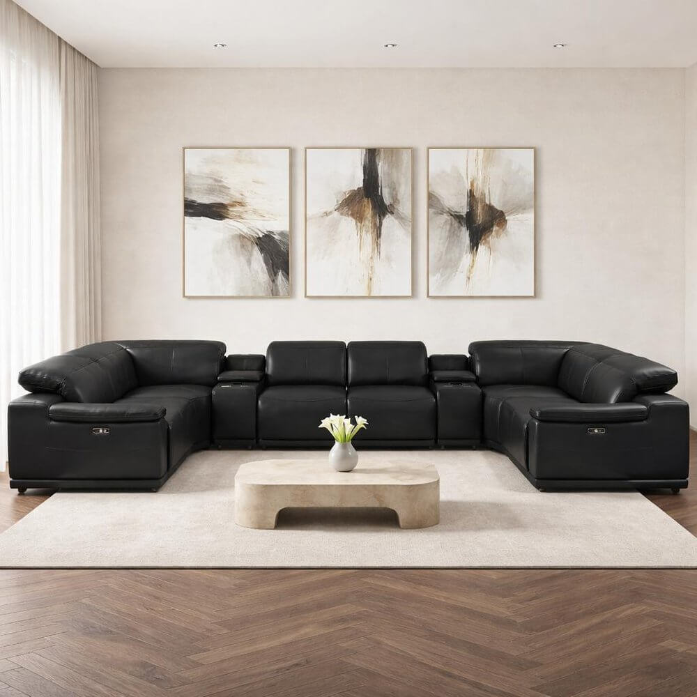 Black Leather Modular U Shaped Eight Piece Corner Sectional With Console in a modern living room setting.