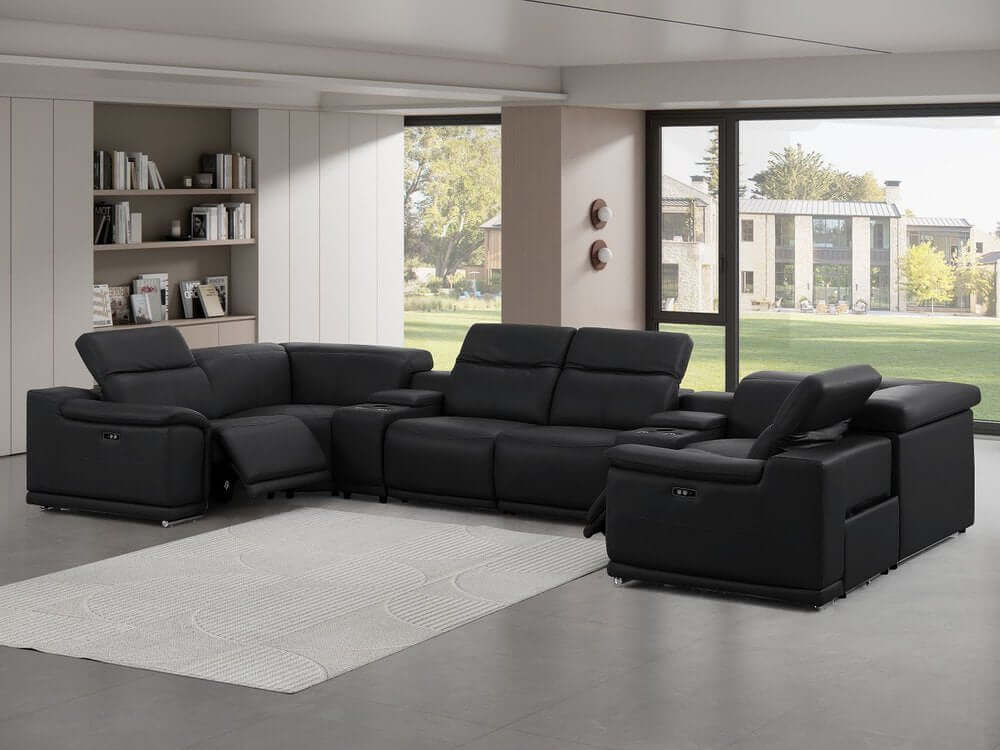 Black Leather Modular U Shaped Eight Piece Corner Sectional With Console in a contemporary living room setting.