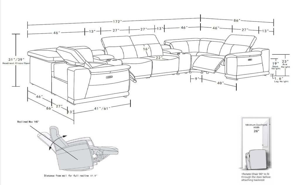 Black Leather Modular U Shaped Eight Piece Corner Sectional With Console dimensions and specifications diagram