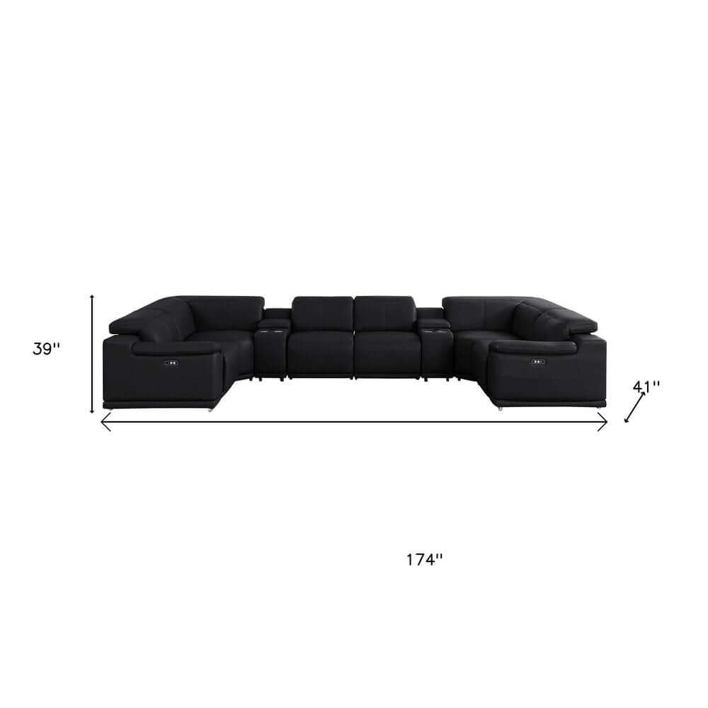 Black Leather Modular U Shaped Eight Piece Corner Sectional With Console dimensions 39in height 41in depth 174in width