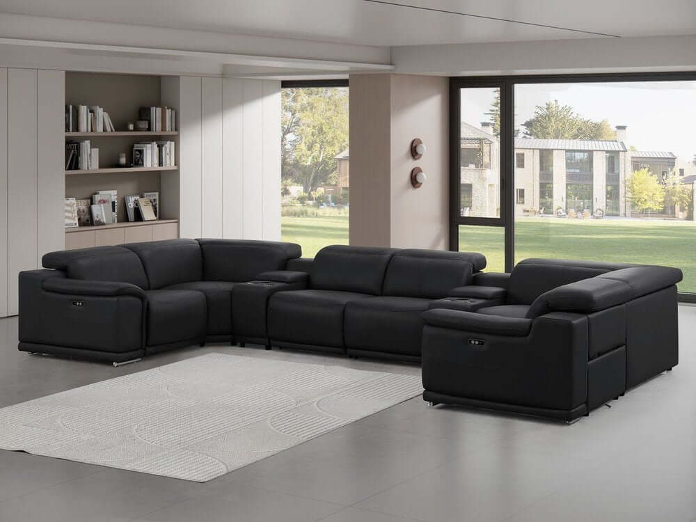 Black Leather Modular U Shaped Eight Piece Corner Sectional With Console in modern living room