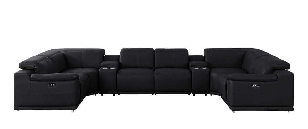 Black Leather Modular U Shaped Eight Piece Corner Sectional With Console in stylish black leather design.