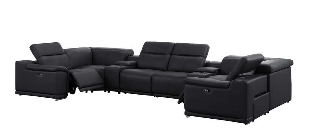 Black Leather Modular U Shaped Eight Piece Corner Sectional With Console featuring plush cushions and elegant design.