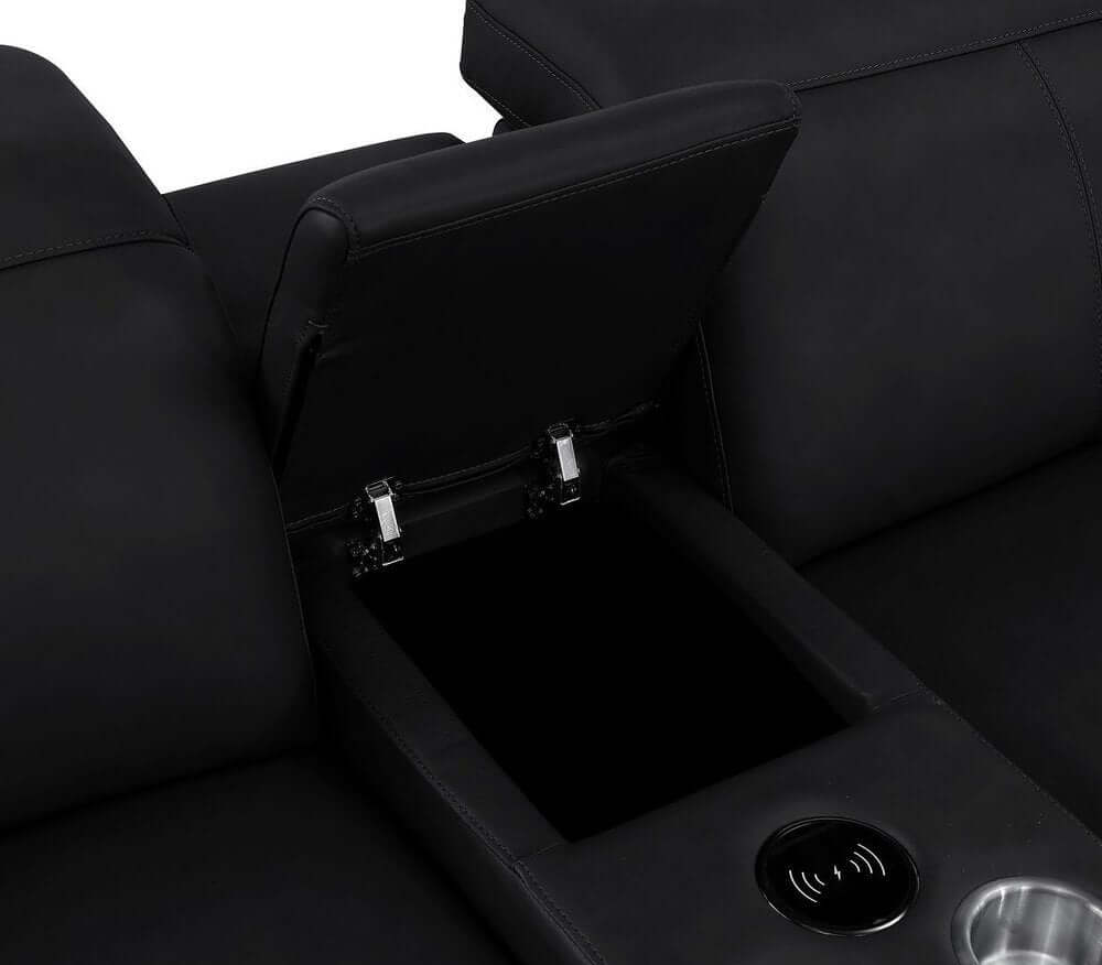 Black Leather Modular U Shaped Eight Piece Corner Sectional With Console with storage compartment and cup holder