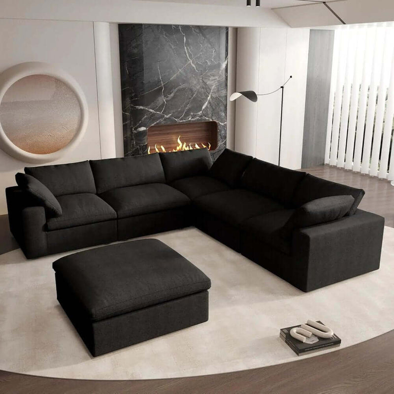120" Linen Blend Modular L-Shaped 6-Piece Sectional with Ottoman & Storage | Reversible Corner Sectional