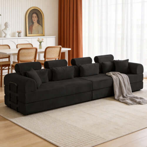 Modern Corduroy Sleeper Sectional – L-Shape Modular Sofa Bed (106” Convertible Couch) in a stylish black finish.