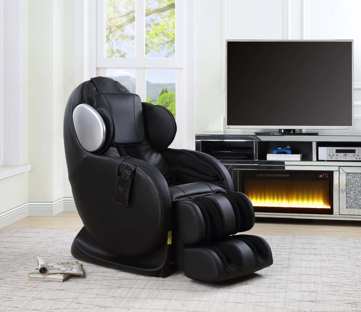 Pacari Black PU Leather Power 2D Massage Chair in modern living room setting with sleek design.