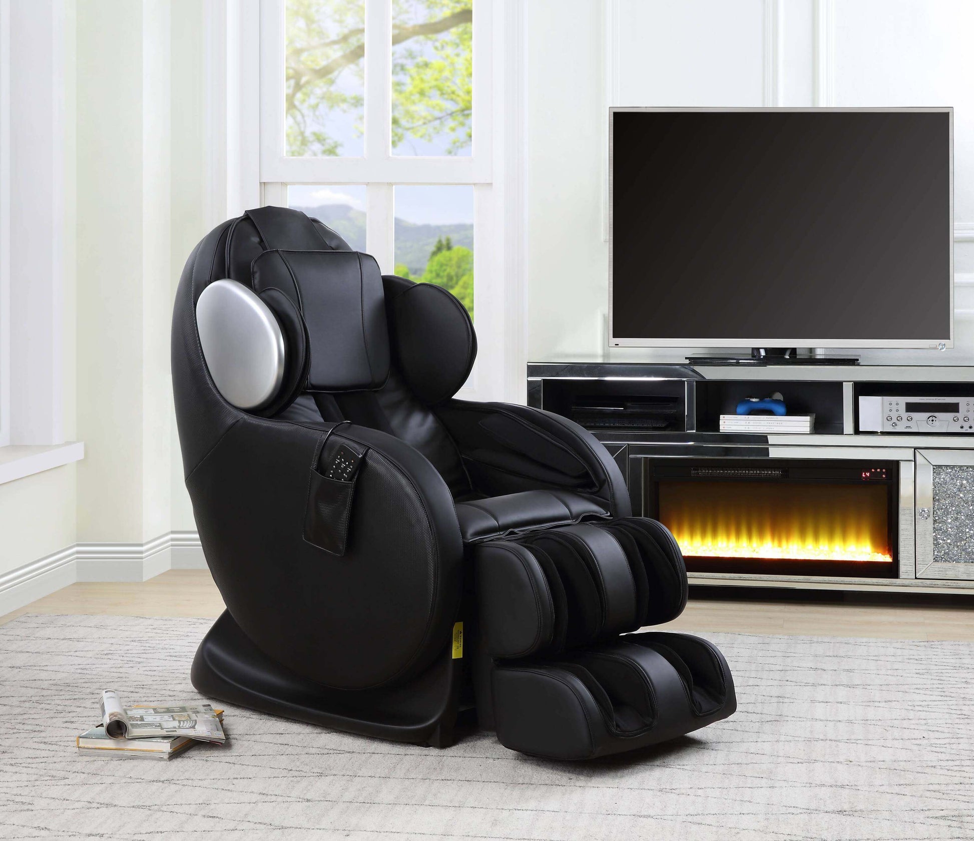 Pacari Black PU Leather Power 2D Massage Chair in modern living room setting with sleek design.