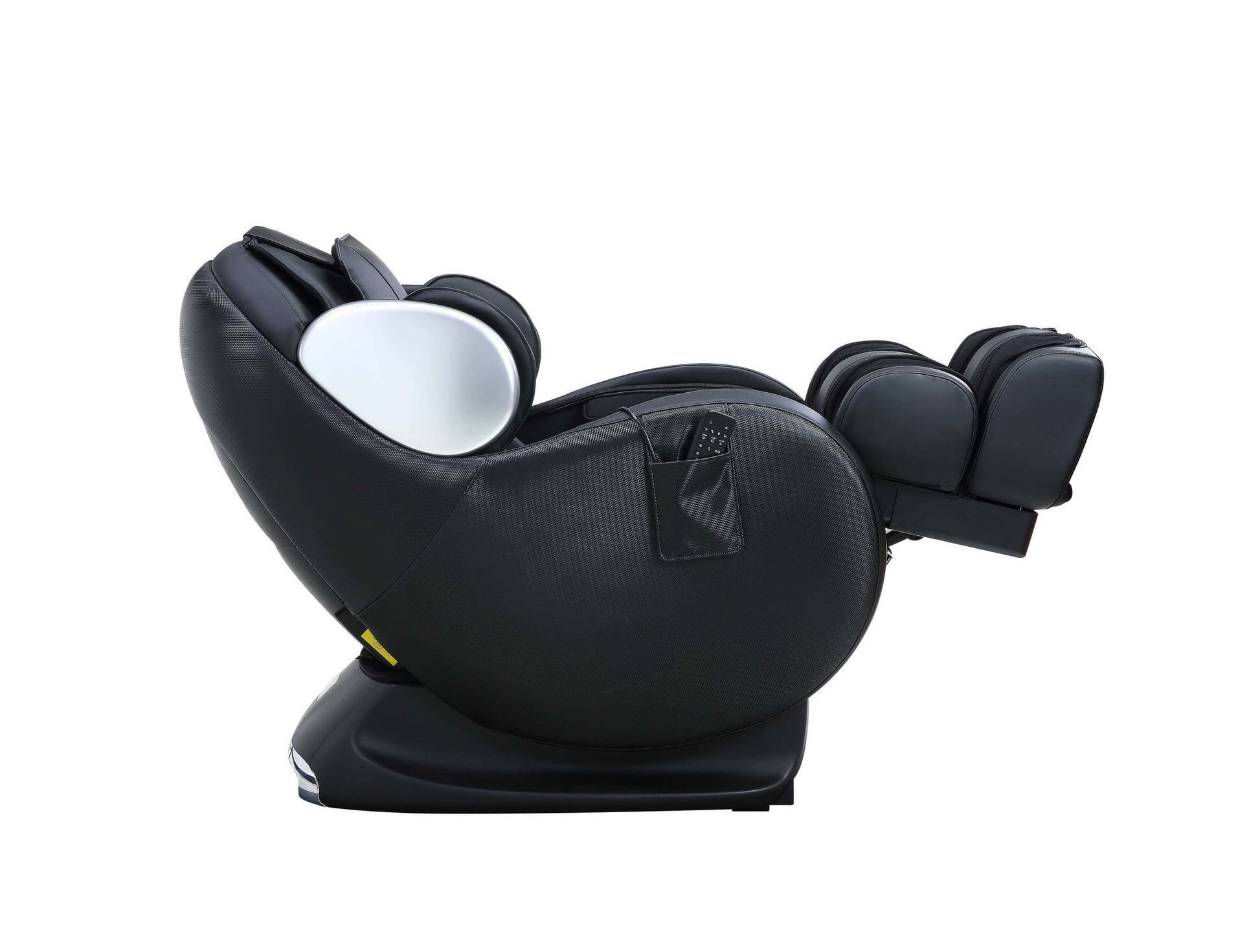 Pacari Black PU Leather Power 2D Massage Chair in zero-gravity recline position, showcasing sleek design and comfort.