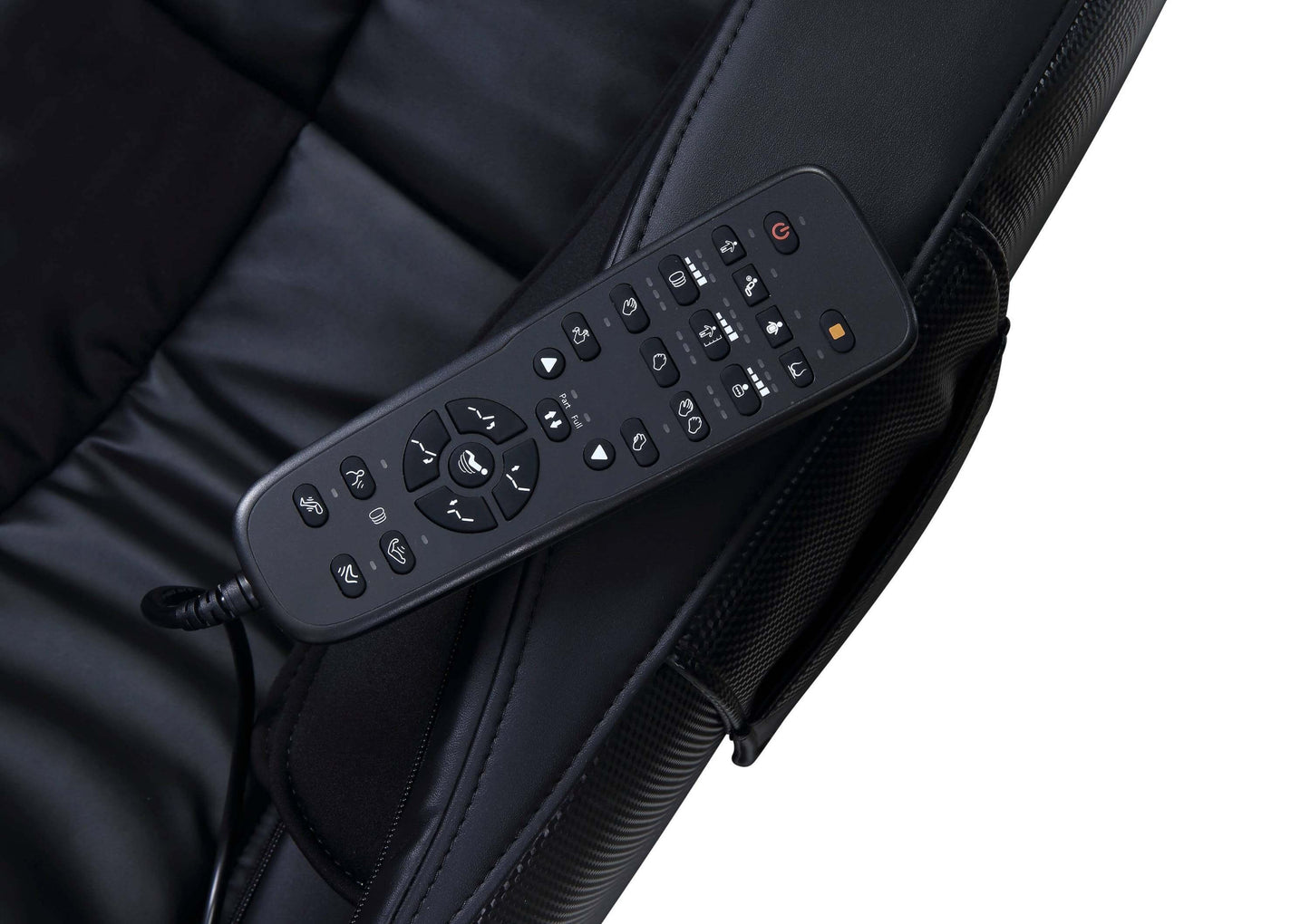 Remote control for the Pacari Black PU Leather Power 2D Massage Chair, featuring various customizable massage settings.