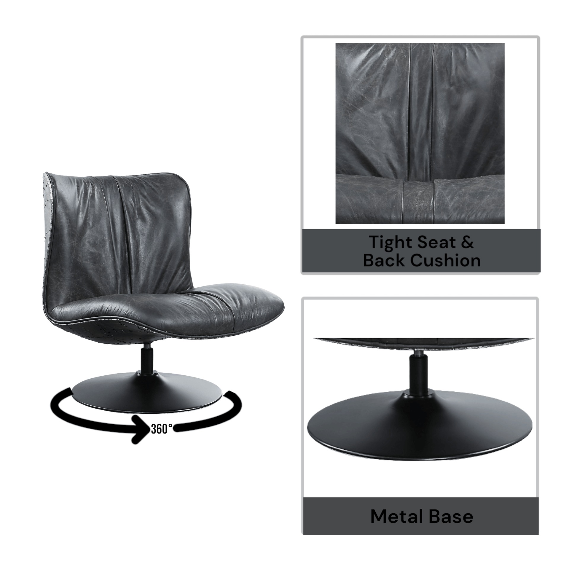 Piotr Black Top-Grain Leather Armless Accent Swivel Chair showcasing tight seat and back cushion, 360° swivel motion, and metal base.