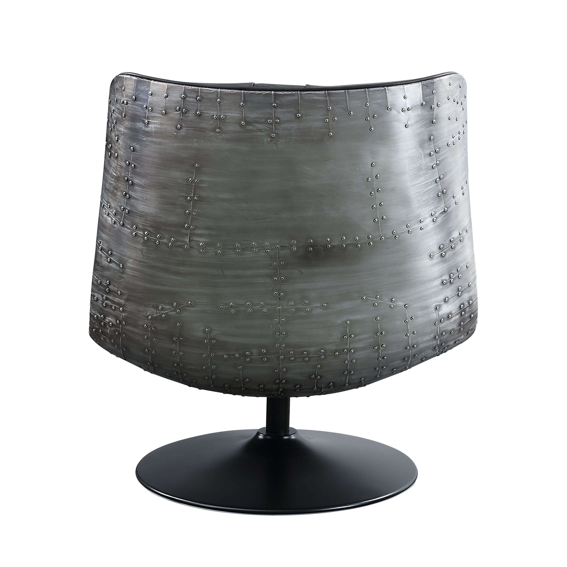 Piotr Black Top-Grain Leather Armless Accent Swivel Chair with a sleek industrial design and 360° swivel base.
