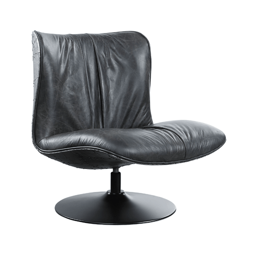 Piotr Black Top-Grain Leather Armless Accent Swivel Chair in sleek design with smooth 360° swivel base.