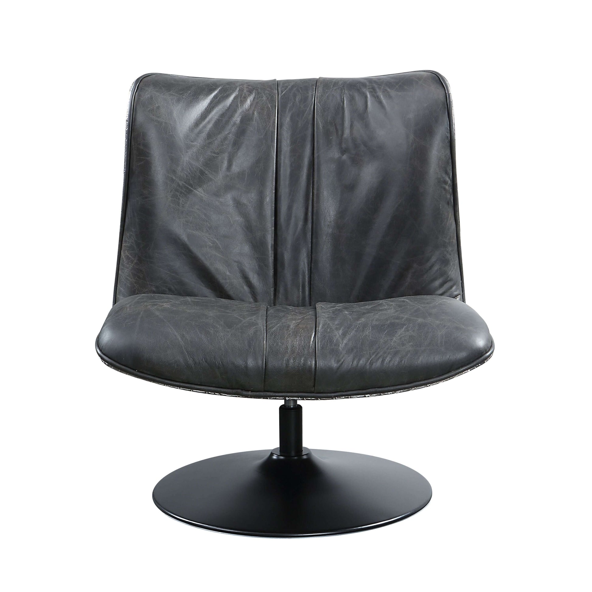 Piotr Black Top-Grain Leather Armless Accent Swivel Chair featuring a sleek design and smooth swivel base.