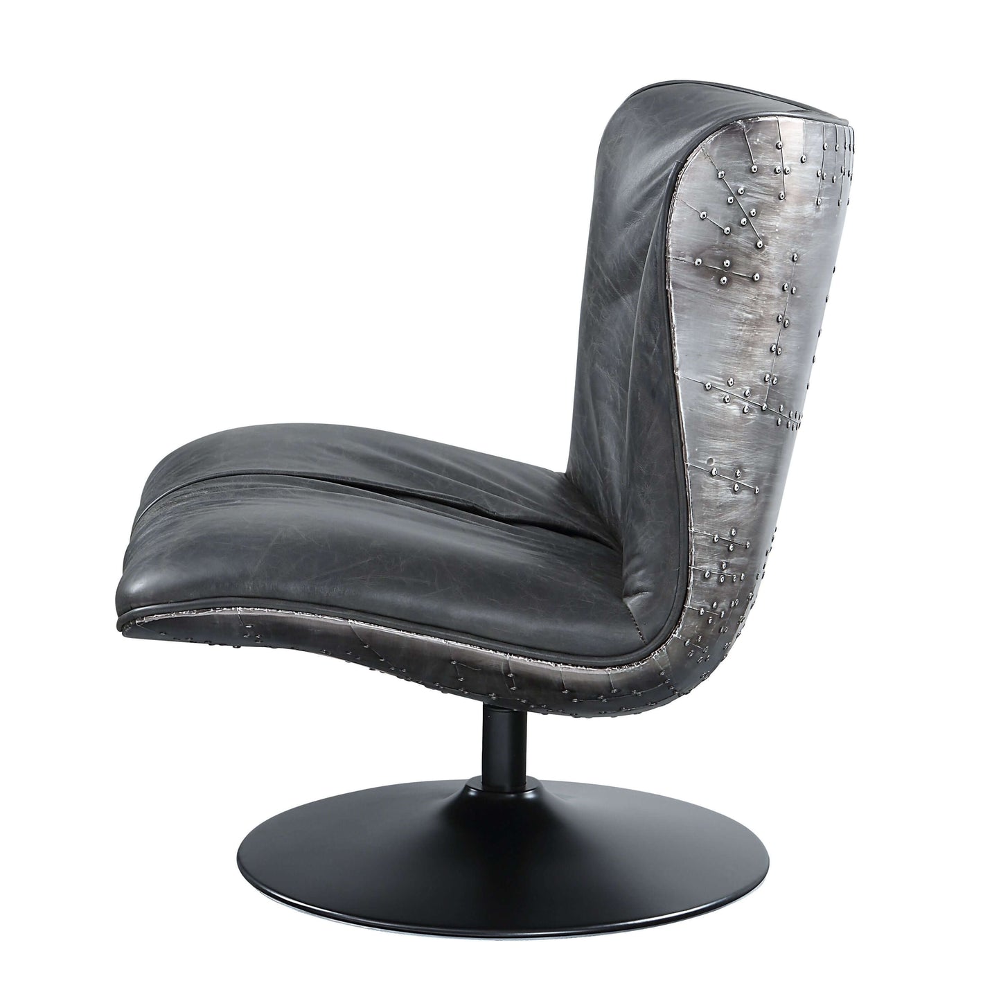 Piotr Black Top-Grain Leather Armless Accent Swivel Chair with sleek design and industrial details.