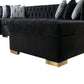 Black Velvet U Shaped Three Piece Sofa and Chaise Sectional With Toss Pillows with tufted design and accent pillows.