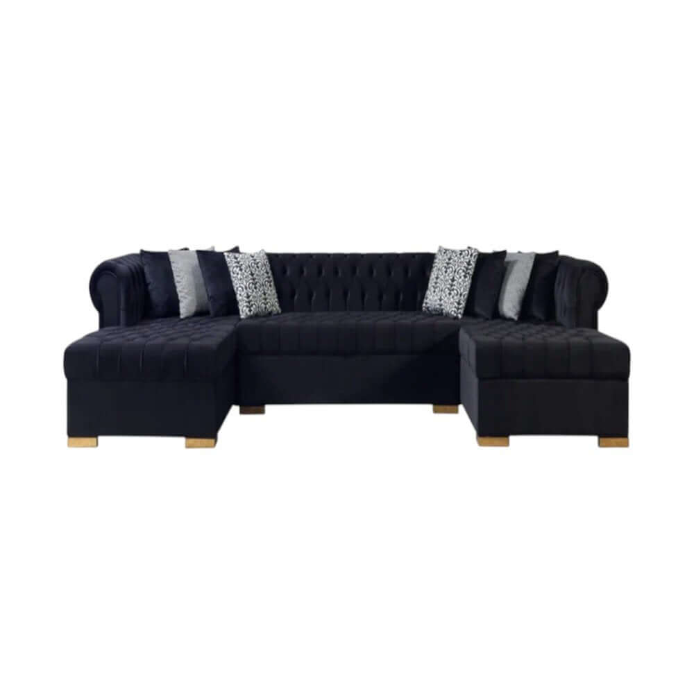 Black Velvet U Shaped Three Piece Sofa and Chaise Sectional With Toss Pillows in modern living room setting.