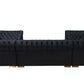 Black Velvet U Shaped Three Piece Sofa and Chaise Sectional With Toss Pillows from a side view, showcasing tufted design.